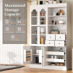 75 Inch Tall Freestanding Buffet with Hutch, Farmhouse Kitchen Pantry Cabinet, Dining Room Storage Cupboard with 4 Drawers, Door Shelves and Pull-Out Trays for Living Room,White