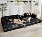 110'' Boneless Couch, Modern Corduroy Couch, Convertible Sleeper Sofa Bed Full, Right L-Shaped Floor Sofa, 8 Pillows, 2 Movable Pockets, Sectional Couches for Living Room, Apartment, Black