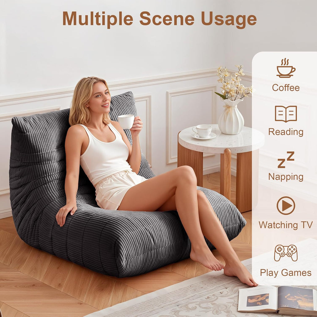 Bean Bag Chair for Adults, Giant Bean Bag Chairs with Lumbar Pillow, Oversized Corduroy Memory Foam Boneless Chair with High-Rebound, Lazy Floor Sofa for Reading Gaming Living Room Bedroom, Grey