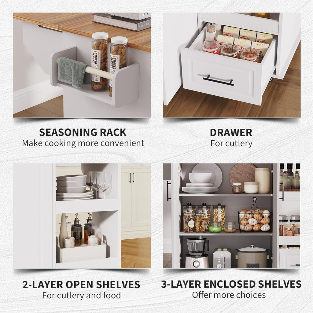 IDEALHOUSE Rolling Kitchen Island on Wheels, 48'' Mobile Kitchen Cart with Drop Leaf, Butcher Block Island with Open Shelf, Drawer, Spice Rack, Wood Top, and Lockable Wheels