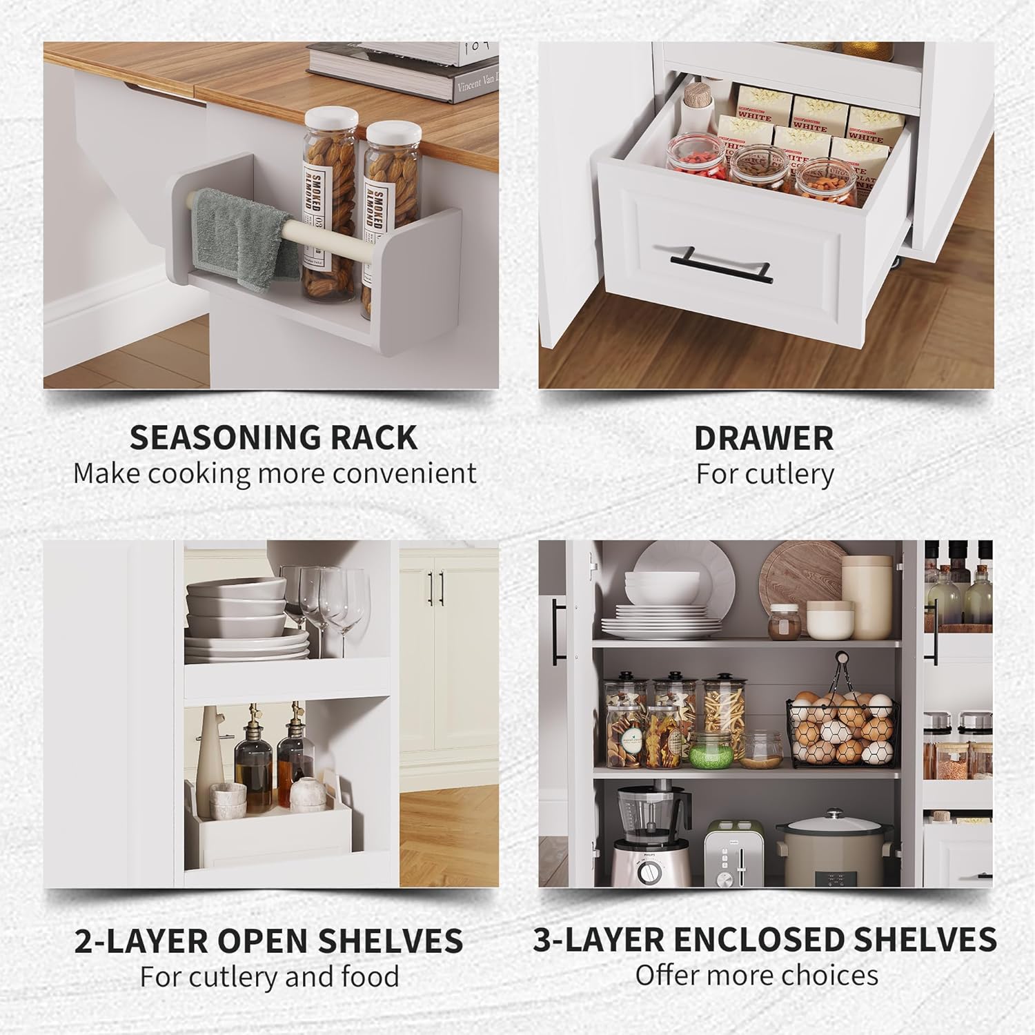 IDEALHOUSE Rolling Kitchen Island on Wheels, 48'' Mobile Kitchen Cart with Drop Leaf, Butcher Block Island with Open Shelf, Drawer, Spice Rack, Wood Top, and Lockable Wheels