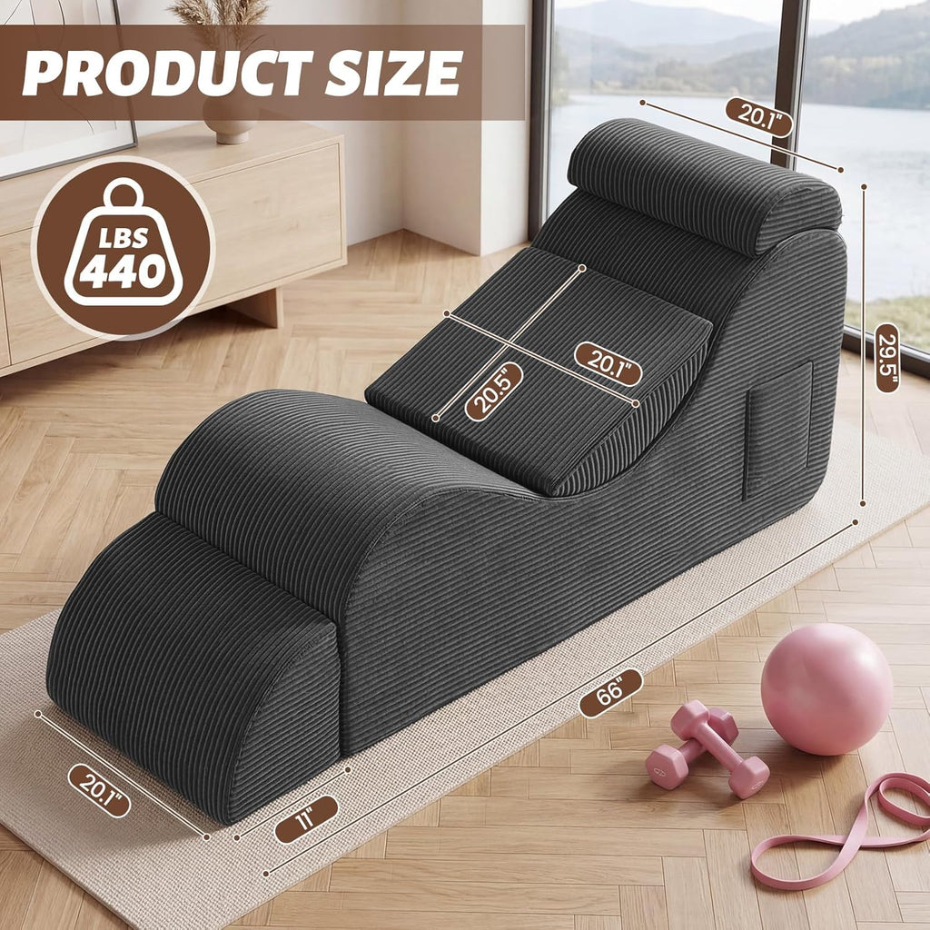 Yoga Chair Lounge for Adult, Ergonomic Foam Chaise Lounge Chair Indoor with Side Pocket, Headrest, Waist Pad, Ottoman, Perfect for Stretching, Massage, and Relaxation, No Assembly Required(Grey)