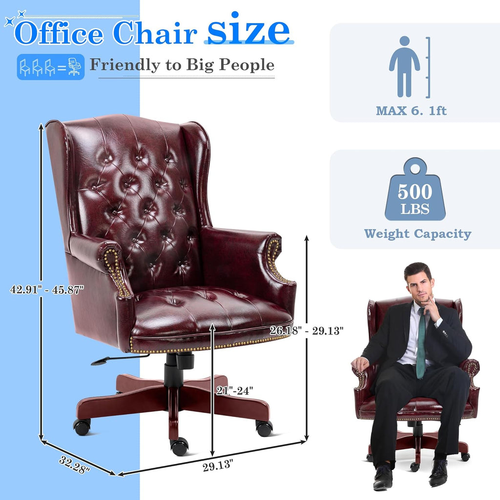 Big and Tall Executive Office Chair, Ergonomic 360° Swivel Recliner Chair, Retro Burgundy Faux Leather Home Office Desk Chairs w/Tufted Wingback Comfy Luxury Heavy Duty 500 Lb & Height Adjustable