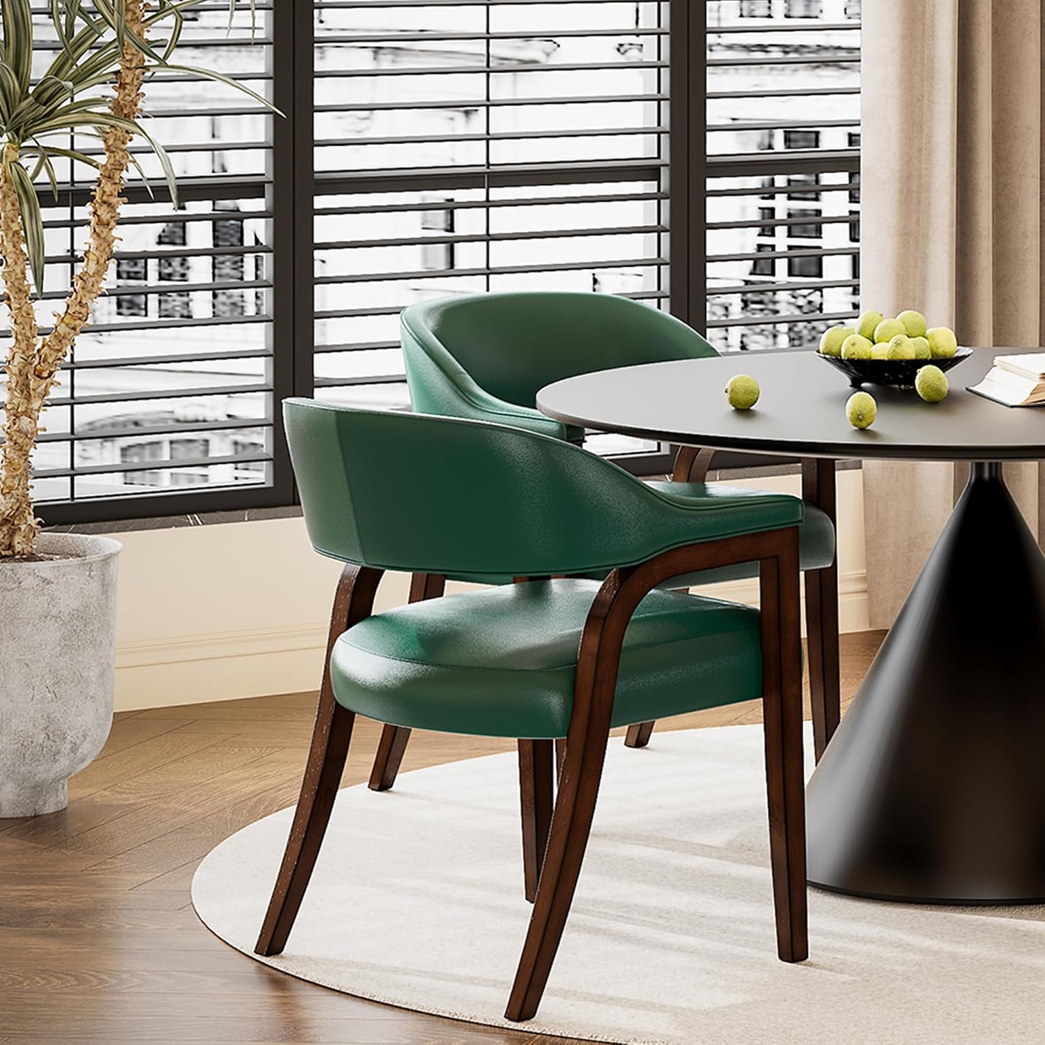 Set of 4 Faux Leather Dining Chair with Arms, 17.72" H Upholstered Accent Armchair with Rounded Back Premium Comfort Elegant Game Captain Chairs, 25.6x23.5x30.7in，Green(NO Table!)