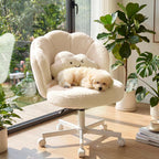 COMHOMA Petal Vanity Chair with Wheels, Cute Desk Chair for Girls Women, Upholstered Home Office Chair with Backrest, Height Adjustable Armless Swivel Chair for Bedroom, Teddy Fleece, Beige