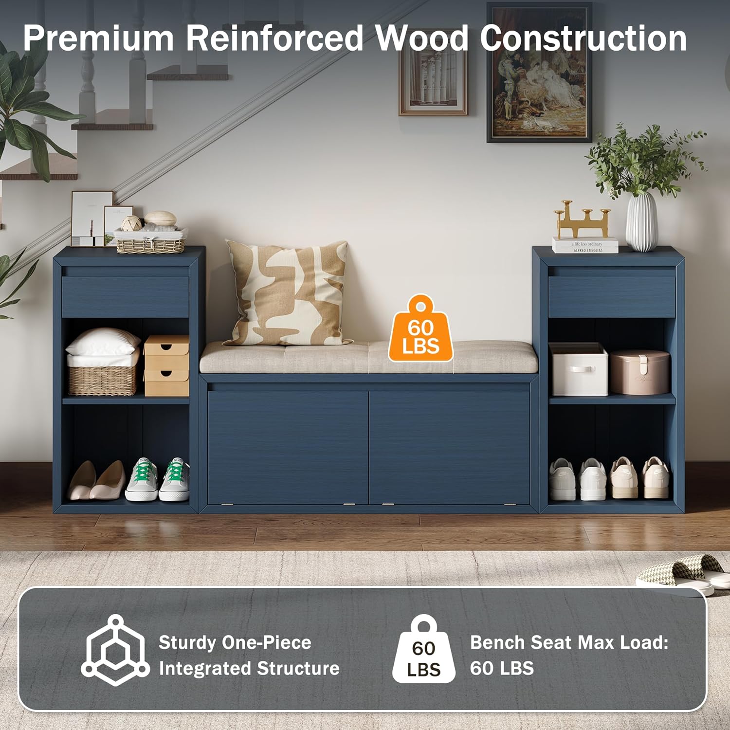 All in One Entryway Shoe Storage Bench with Cushion, Compartments, Drawers, Open Shelves for Hallway, Mudroom, Living Room Antique Navy