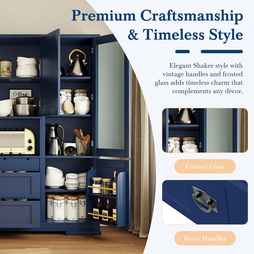 Merax Luxurious Extra Large 78" Pantry Cabinet with Hutch, Farmhouse Kitchen Pantry Cabinet with Drawers, Adjustable Shelves & Door Shelves, Kitchen Hutch Food Pantries with Open Countertop, Blue