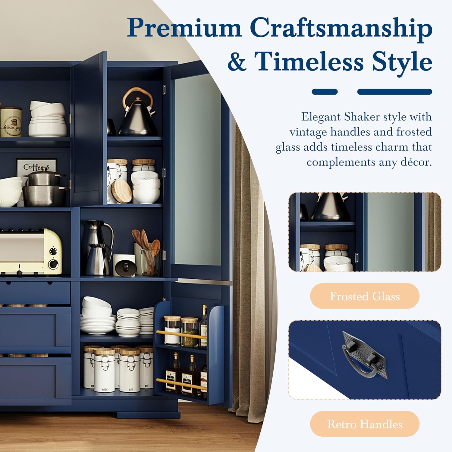 63.3" Traditional Freestanding Buffet Hutch with Storage Shelves & Organizer, Large Kitchen Pantry with Workstation (Blue17)