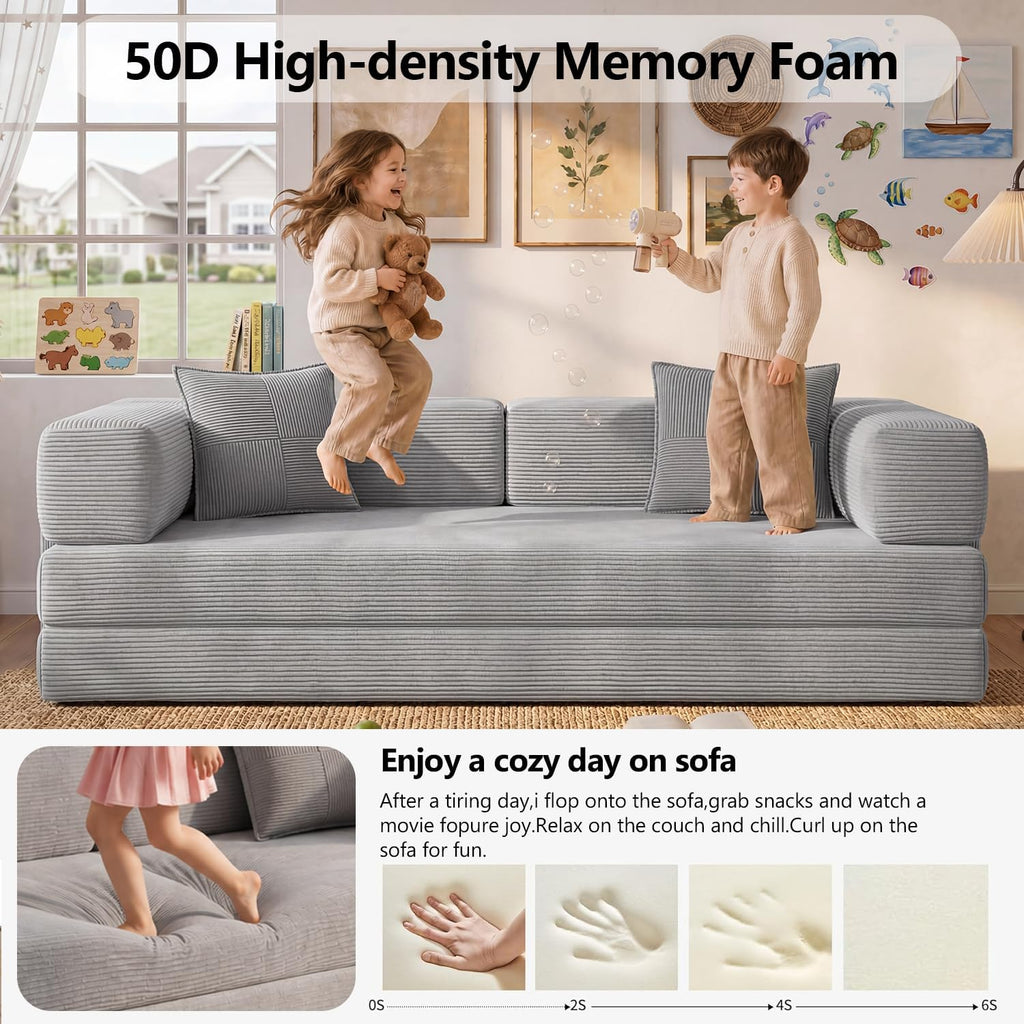 79" Convertible Sofa Bed, Corduroy Pull Out Couch with Storage Pocket, Folding Futon Sofa Bed, No Assembly Boneless Couch Bed Sleeper Sofa for Living Room Bedroom, Grey