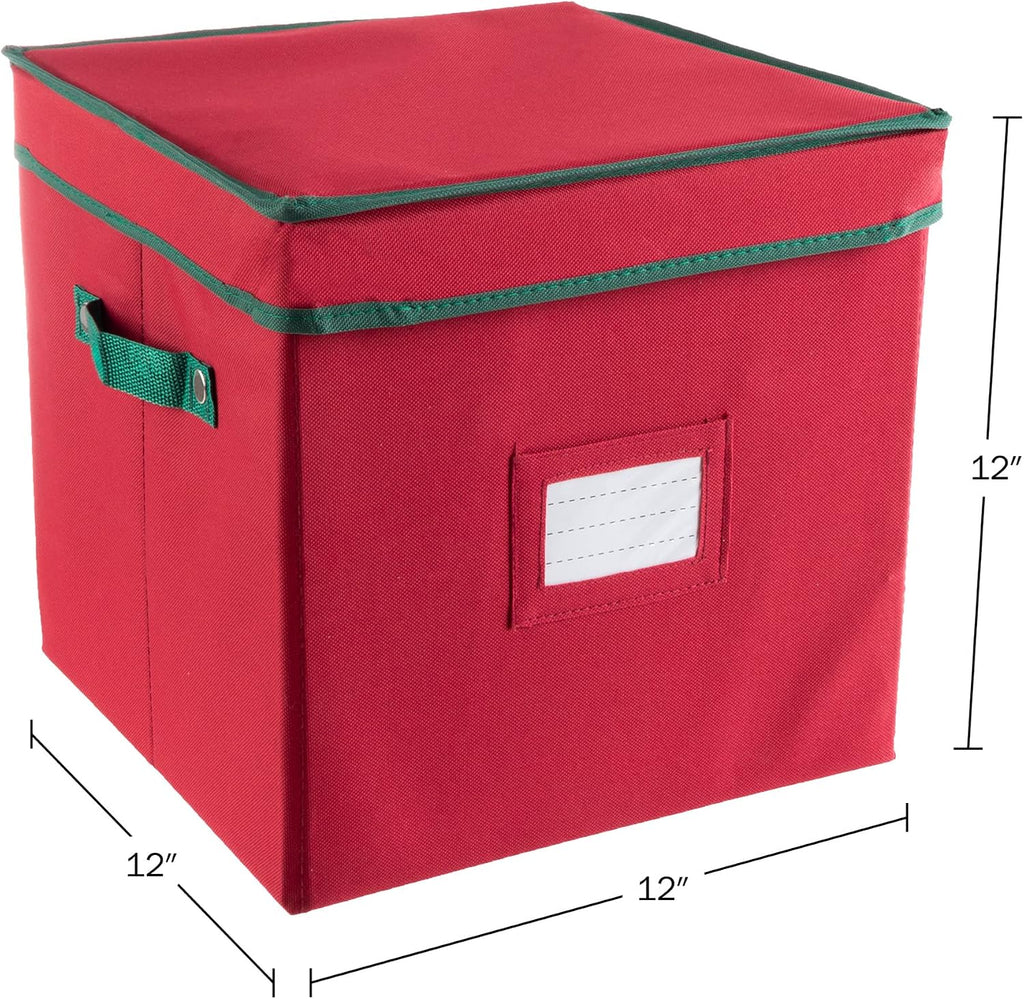 Christmas Decor Storage Box - Red Oxford Canvas Ornament Cube Chest with 64 Compartment Dividers, Riveted Handles, and Lid by Elf Stor