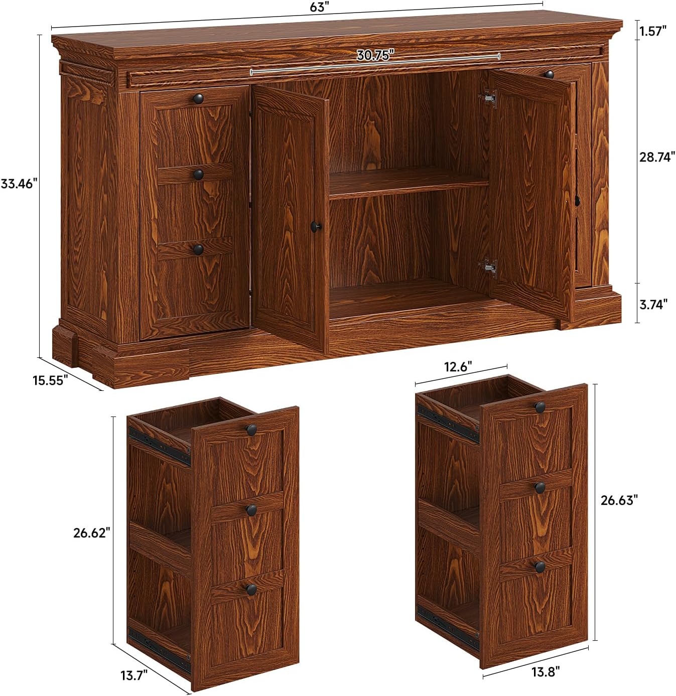 Sideboard Buffet Cabinet with Storage, 63" Large Credenza Kitchen Storage Cabinets with Drawer and Door, Wood Coffee Bar Table with Adjustable Shelf for Living Room, Kitchen, American Retro, Brown