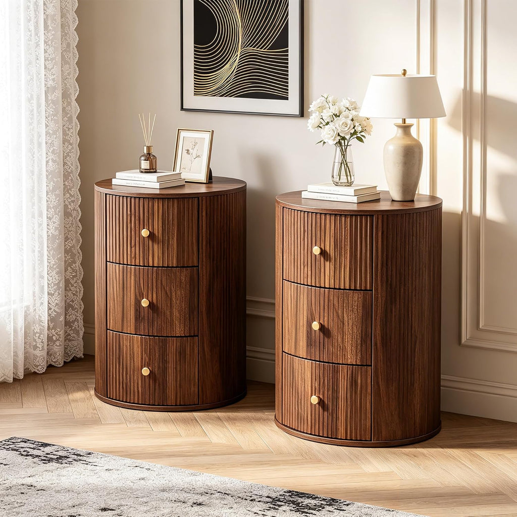 FurSch Fully Assembled Round End Table, Fluted Mid Century Side Table with 3 Storage Drawers for Living Room, Bedroom, Couch (Walnut-2 pcs)
