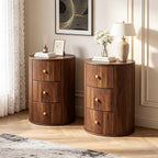 FurSch Fully Assembled Round End Table, Fluted Mid Century Side Table with 3 Storage Drawers for Living Room, Bedroom, Couch (Walnut-1 pc)