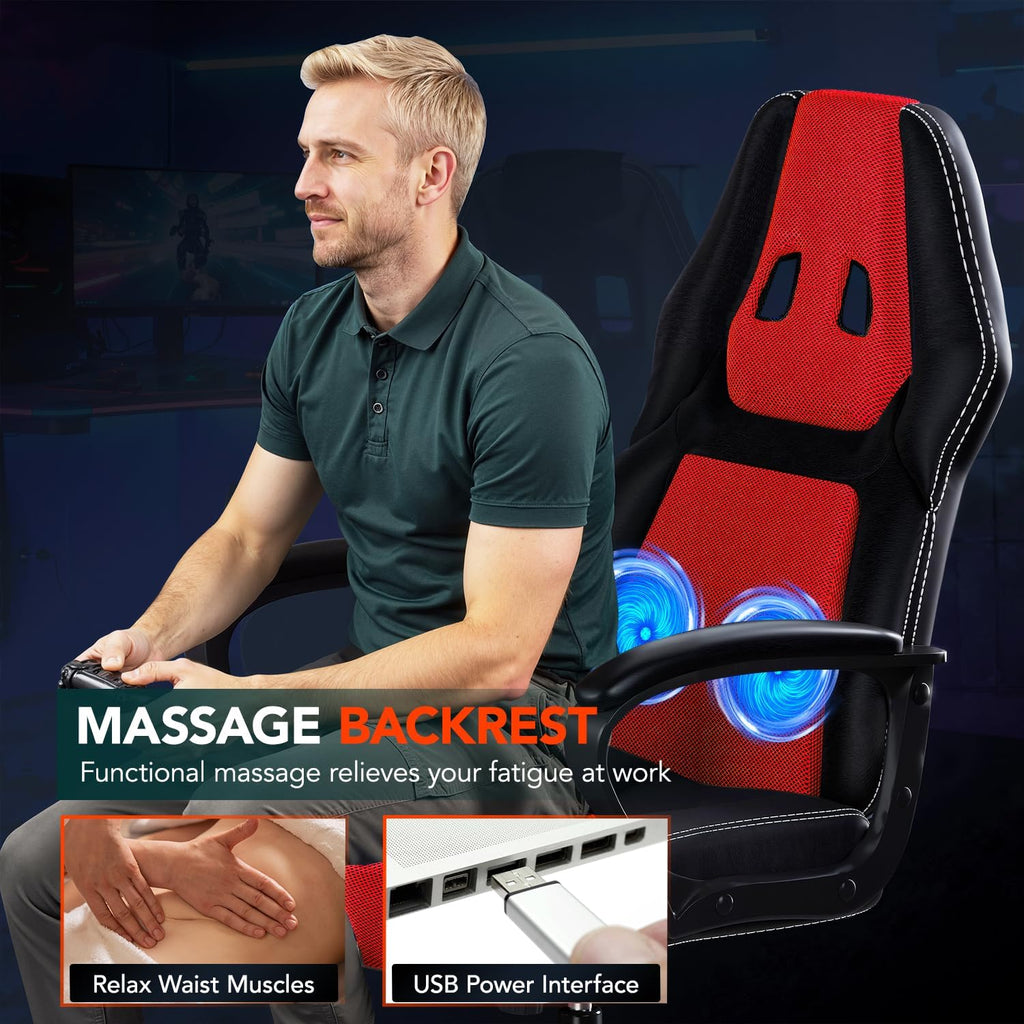 BestOffice Gaming Chair with Massage, Ergonomic Office Desk Chair, Adjustable Lumbar Support & Headrest,Computer Task Chair, 360° Swivel for Adults (Red)