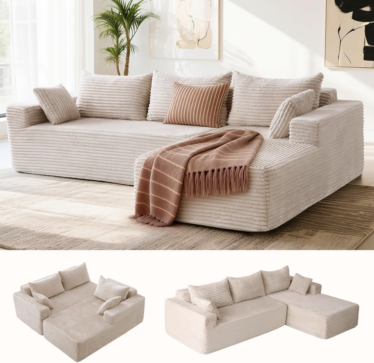 PARKOL 105" Cloud Sectional Couch with L-Shape Chaise,Modern Modular Sofa with Deep Seat, Upholstered Couches for Living Room Bedroom,No Assembly Required, Beige(Plush Corduroy Fabric)