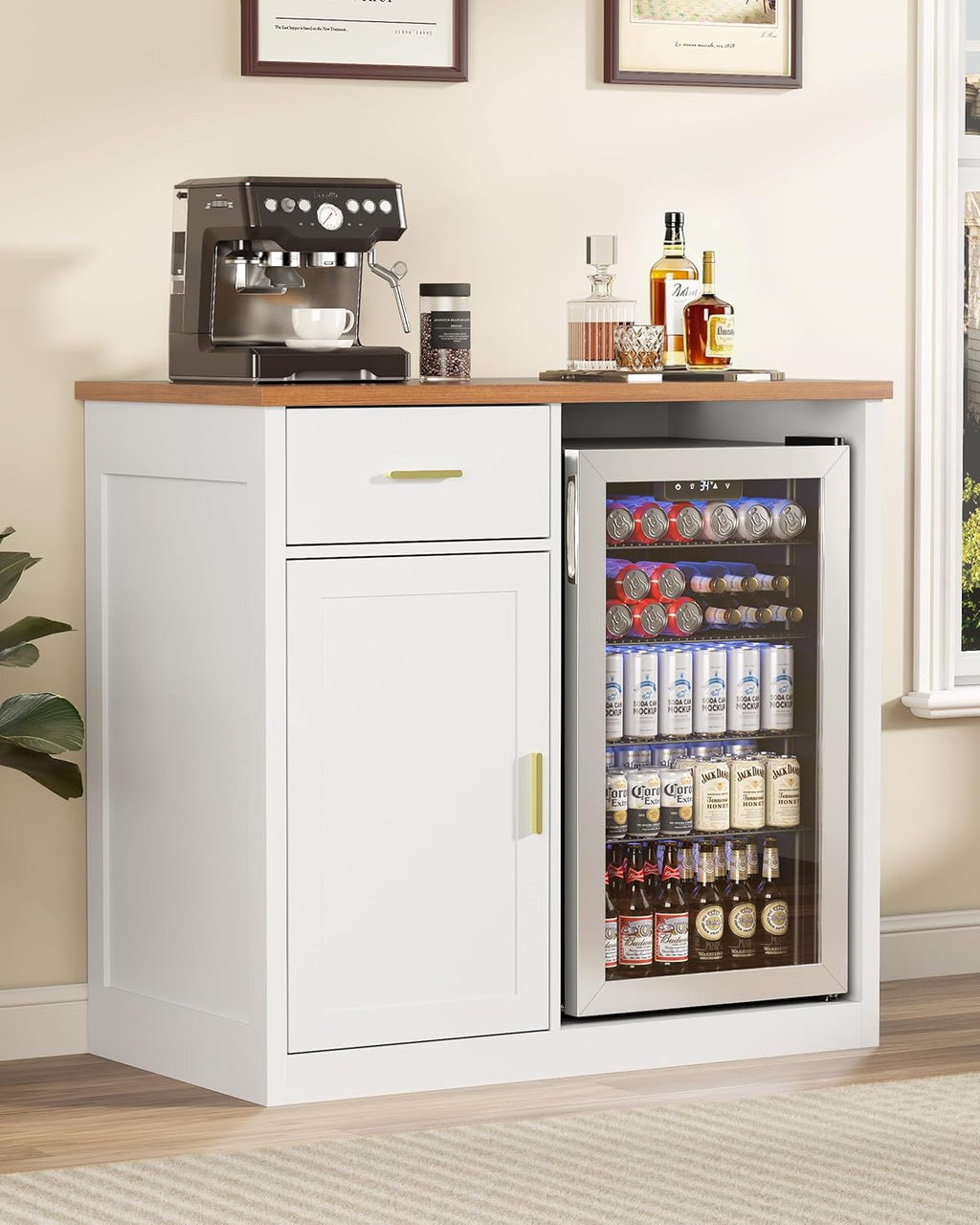 Coffee Bar Cabinet with Fridge Space, Bar Cabinet for Mini Fridge, Wine & Liquor Cabinet with Drawer and Storage, Modern Buffet Sideboard for Living Room, Dining Room or Home Bar, White