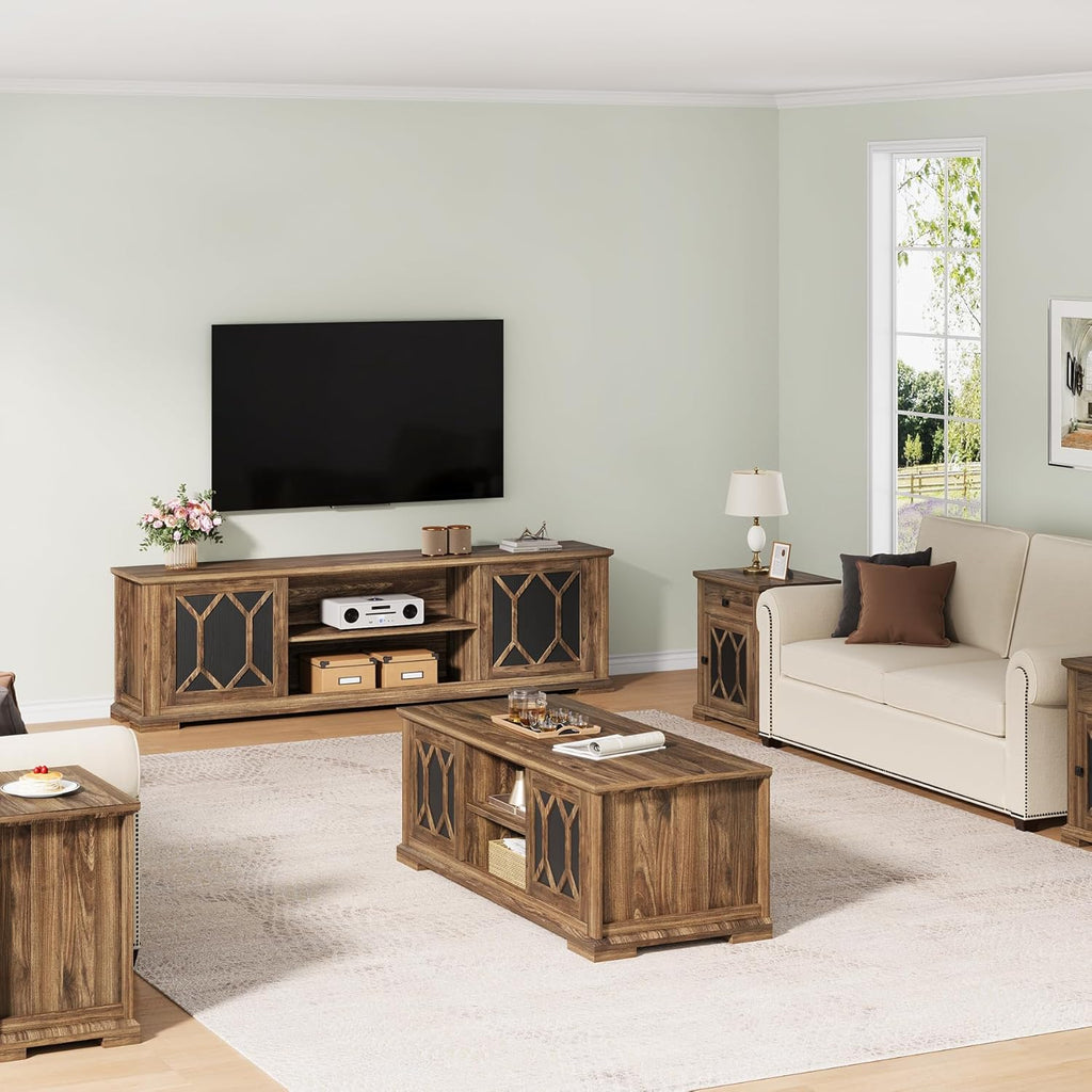 Living Room Table Sets 4 Piece Includes TV Stand, Farmhouse TV Stand for 65Inch TV, Rectangular Coffee Table with Storage, Two End Table with Drawer, Rustic Brown