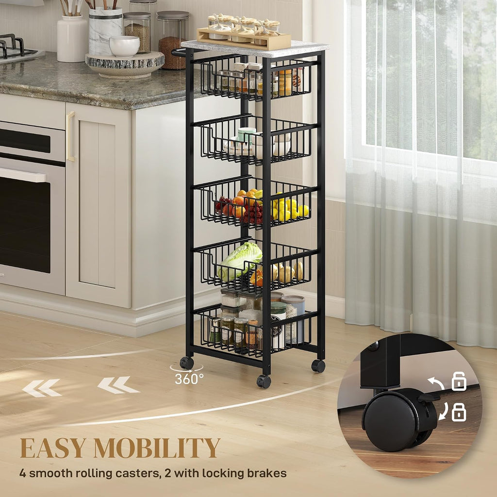 HOMCOM 5-Tier Kitchen Island on Wheels, Rolling Kitchen Storage Trolley with 5 Pull-Out Mesh Baskets, Mobile Utility Serving Cart, Light Grey