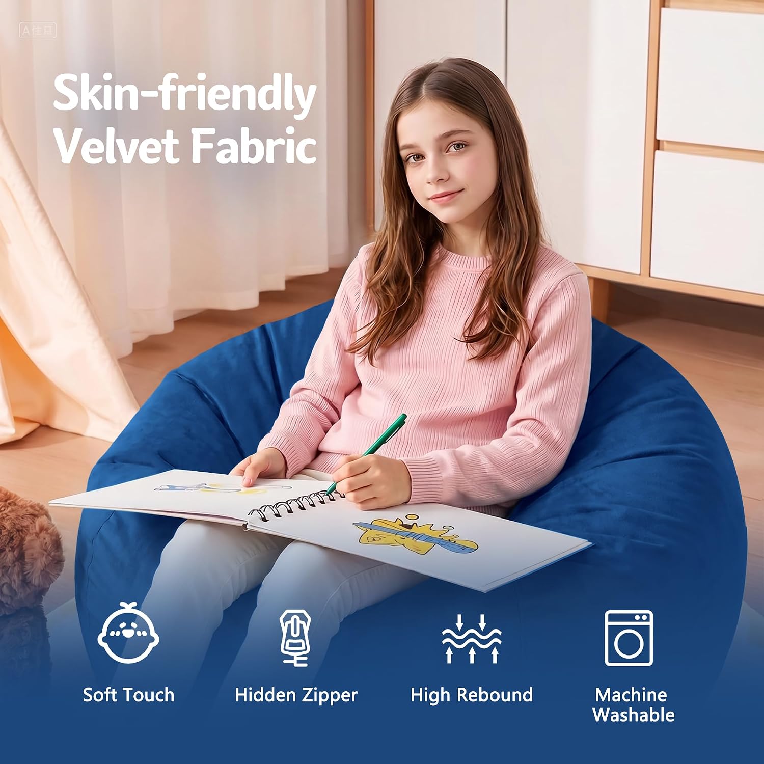Homguava 2FT Bean Bag Chair: Bean Bags with Memory Foam Filled,Comfy Beanbag Chairs Round Bean Bag Sofa with Dutch Velvet Cover-2FT-28 x28 x22,Blue