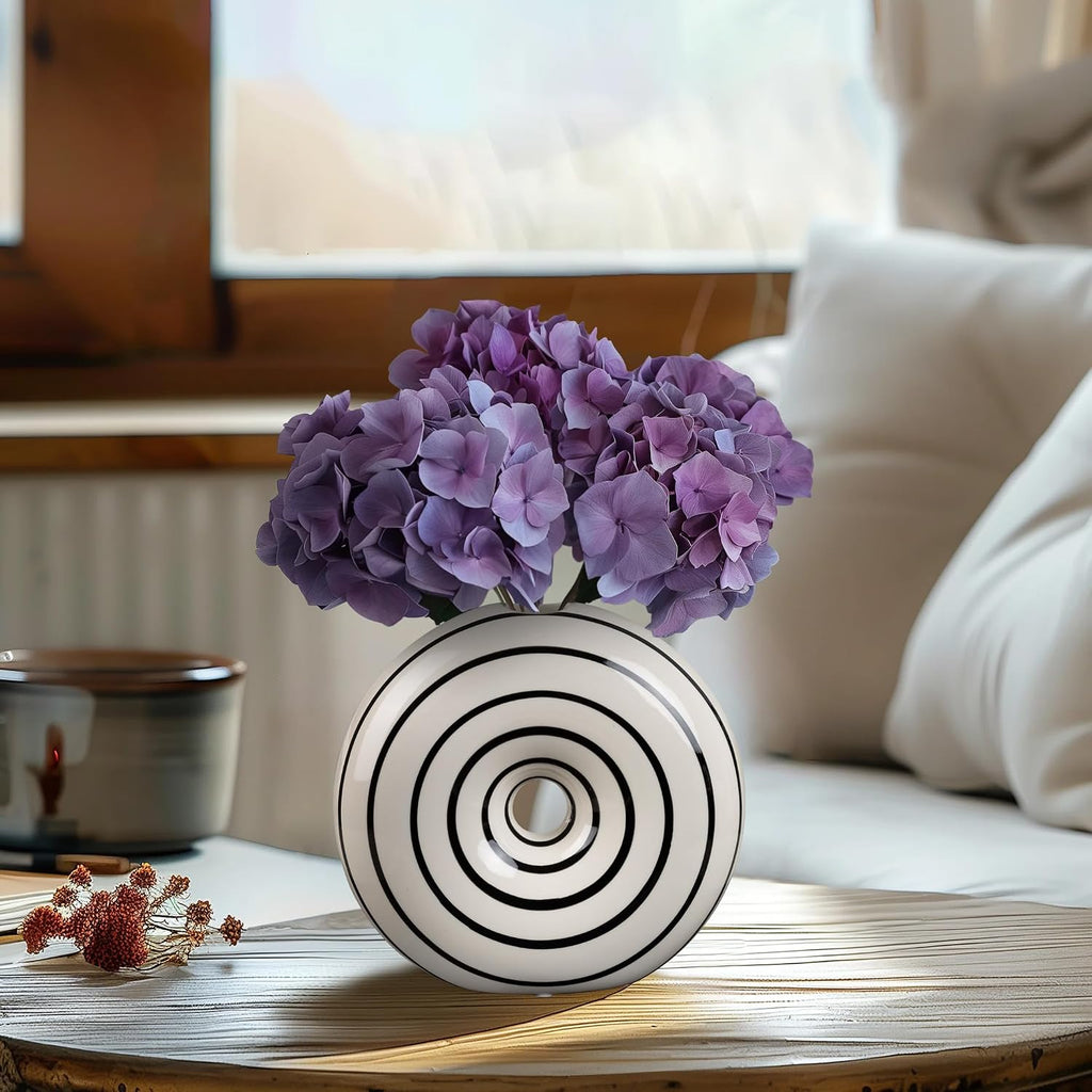 Ceramic Small Donut Vase Hand Painted Glossy Finish Flower Vase, Black and White, Unique Modern Home Decor for Living Room, Coffee Table, Mid Century Decor
