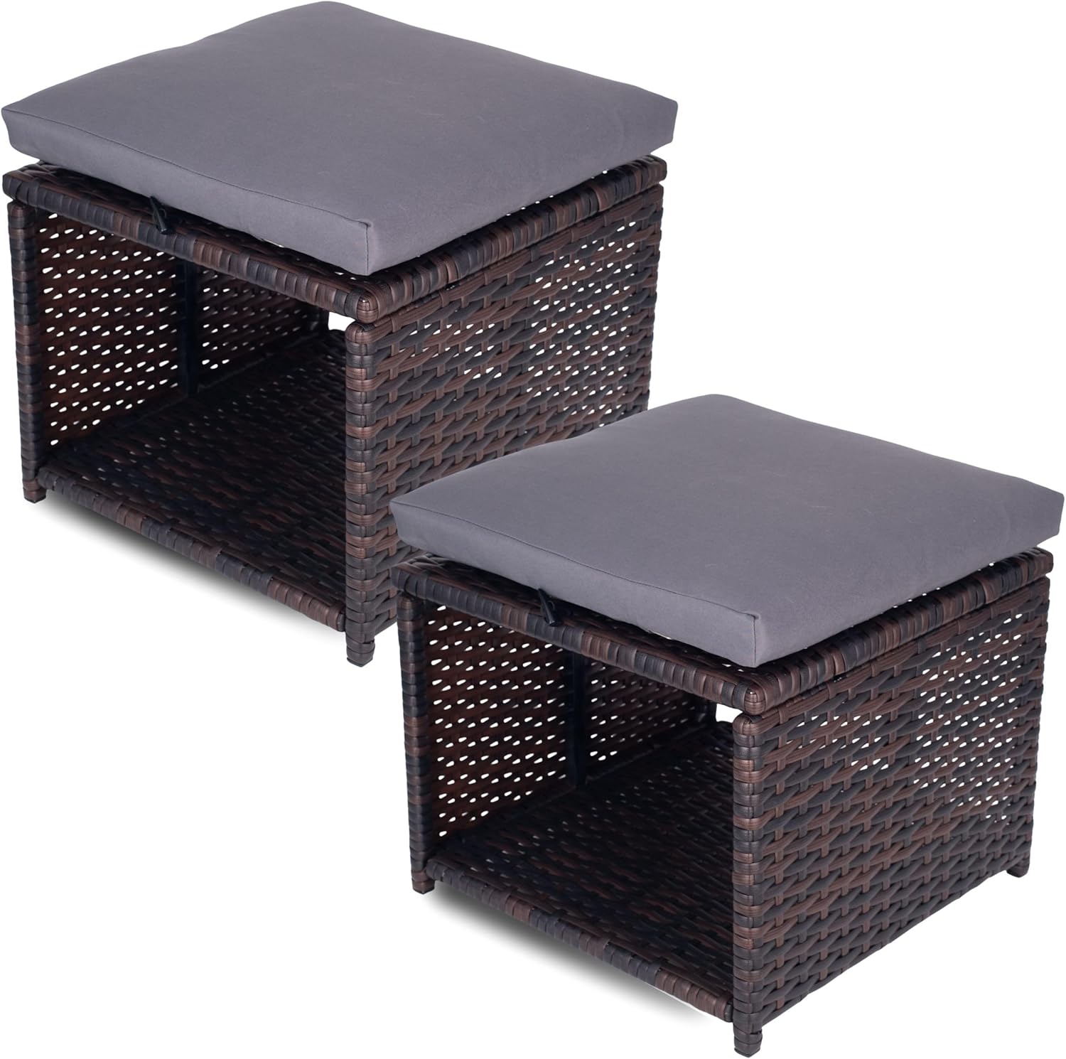 Outdoor Storage Ottoman (Set of 2) - All-Weather Wicker Patio Footstool with Washable Cushions - Sturdy Rattan Foot Rest & Hidden Box for Deck, Porch, Backyard & Balcony