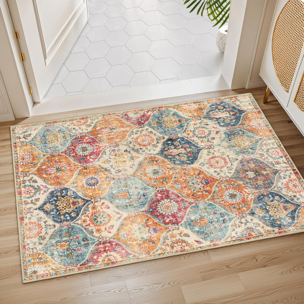 Lahome Moroccan Trellis Washable Rug, 2x3 Kitchen Rugs for Entryway Bathroom, Non-Slip Indoor Door Mat Ultra-Thin, Small Oriental Throw Carpet for Bedroom Entry Elise, Cream/Multi