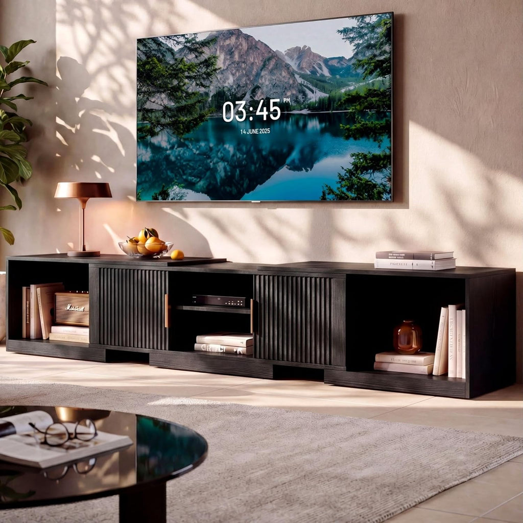IRONCK TV Stand for 55-80 Inches TVs, 63"-84.6" Adjustable Length, Extendable Corner Entertainment Center with Storage Cabinets, Fluted Doors Modern Media Console, Ideal for Living Room, Black