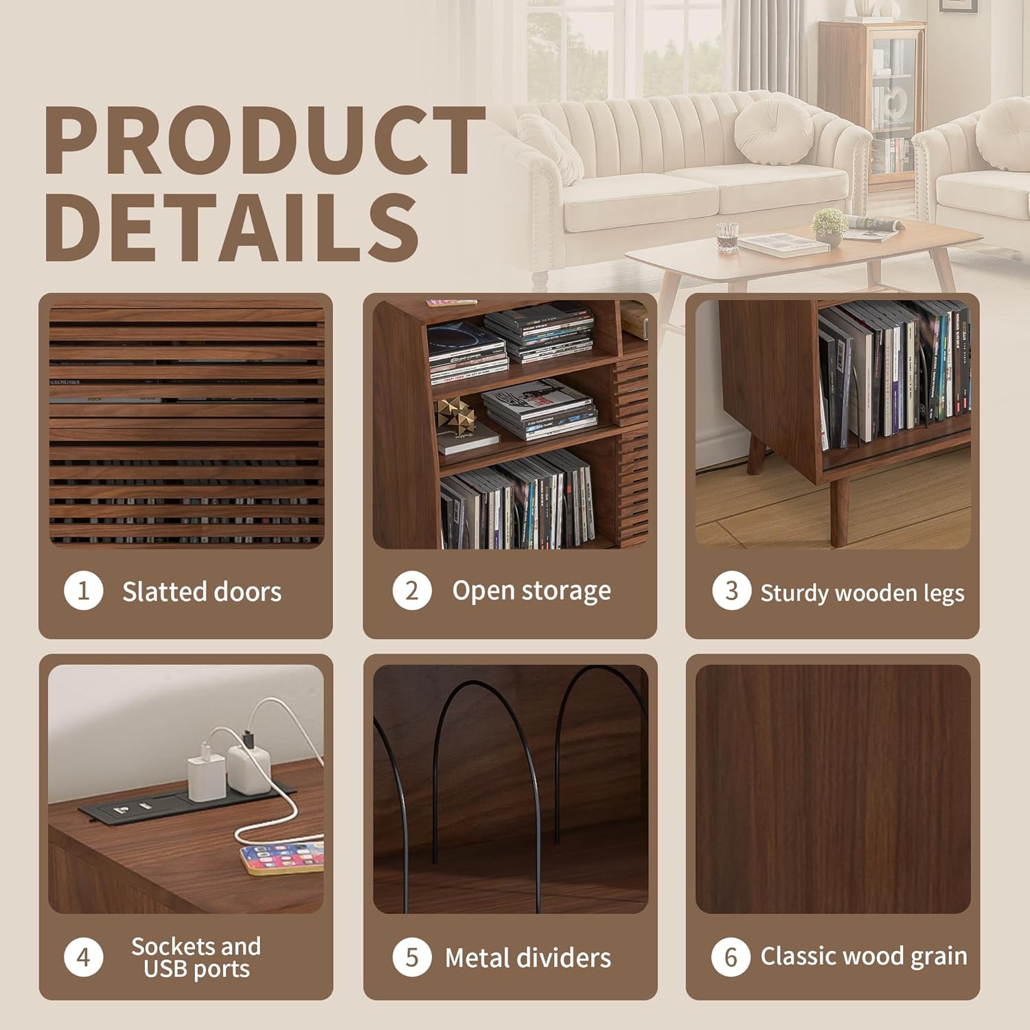 Mid Century Record Player Stand, Large Vinyl Turntable Console with Doors, Charging Station, 451 Albums Capacity Media Storage Shelf, Entertainment Center for Living Room, Bedroom, Walnut