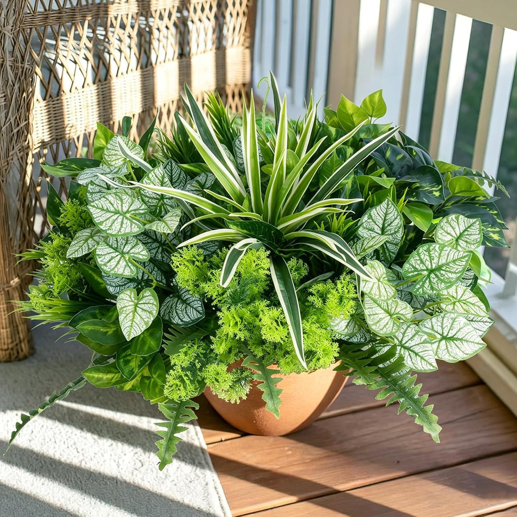 18 Bundles Artificial Greenery for Outdoors, Artificial Outdoor Plants UV Resistant Fake Spider Fern Coleus Plant Faux Bushes Leaves for Outside Window Box Patio Garden Front Porch Yard Summer Decor