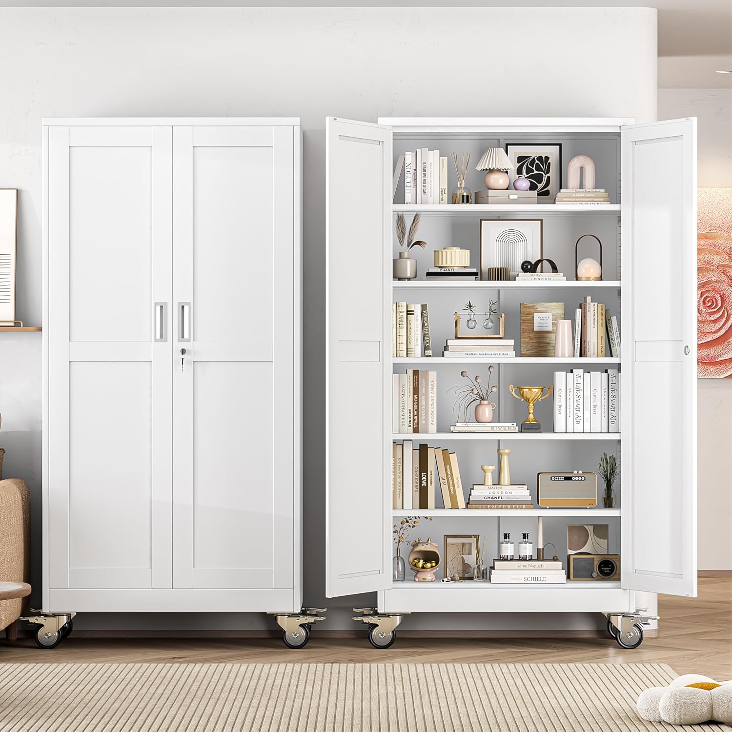 Metal Garage Storage Cabinets and storage system, 74”Tall Rolling utility cabinet with Wheels, Lock, 5 Adjustable Shelves, Heavy Duty Steel Tool Locker for Home Office, Utility Room, Gym,White