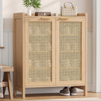 Rattan Shoe Storage Cabinet, 5-Tier Shoe Cabinet for Entryway, Wooden Shoe Rack Organizer with Doors and Adjustable Shelves, for Entryway, Hallway, Living Room, Natural Oak