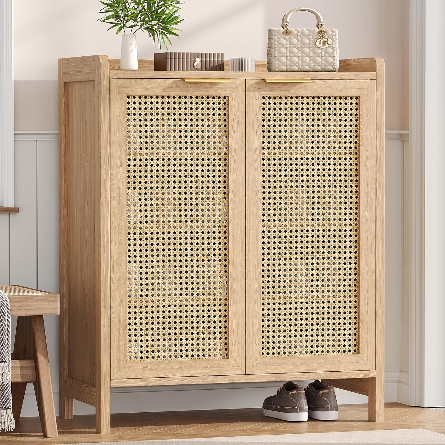 Rattan Shoe Storage Cabinet, 5-Tier Shoe Cabinet for Entryway, Wooden Shoe Rack Organizer with Doors and Adjustable Shelves, for Entryway, Hallway, Living Room, Natural Oak