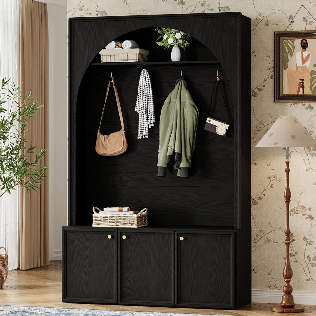 Merax Farmhouse Hall Tree with Bench and 3 Cabinets, 4-in-1 Entryway Coat Rack with 4 Golden Hooks and Top Compartments, 77.5" Retro Arched Entryway Hall Tree for Hallway, Mudroom, Entrance, Black