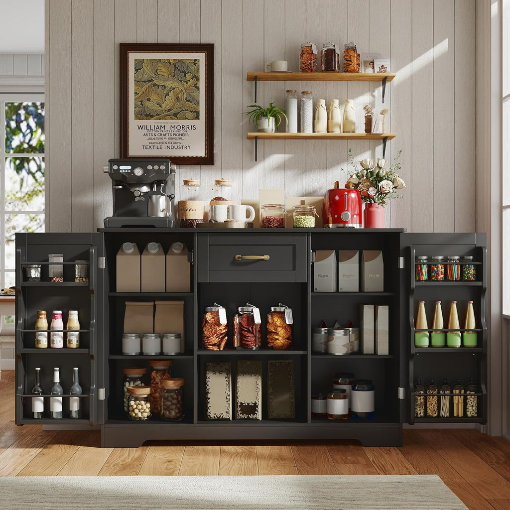 Gizoon 45" Coffee Bar Cabinet with Door and Shelves Kitchen Hutch with Countertop, Kitchen Buffer Cabinet with Storage for Bedroom and Living Room, Black