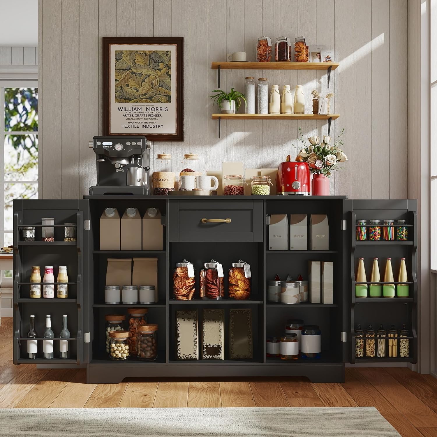 Gizoon 45" Coffee Bar Cabinet with Door and Shelves Kitchen Hutch with Countertop, Kitchen Buffer Cabinet with Storage for Bedroom and Living Room, Black