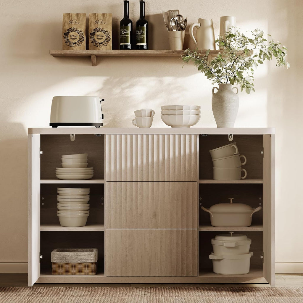 SICOTAS Buffet Cabinet with Storage 54.7" Large Modern Accent Storage Cabinet with Doors and Shelves Fluted Sideboard Credenza Buffet Table Coffee Bar for Living Room Kitchen Dining Room, White Alder