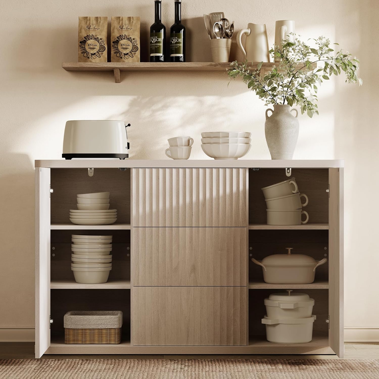 SICOTAS Buffet Cabinet with Storage 54.7" Large Modern Accent Storage Cabinet with Doors and Shelves Fluted Sideboard Credenza Buffet Table Coffee Bar for Living Room Kitchen Dining Room, White Alder