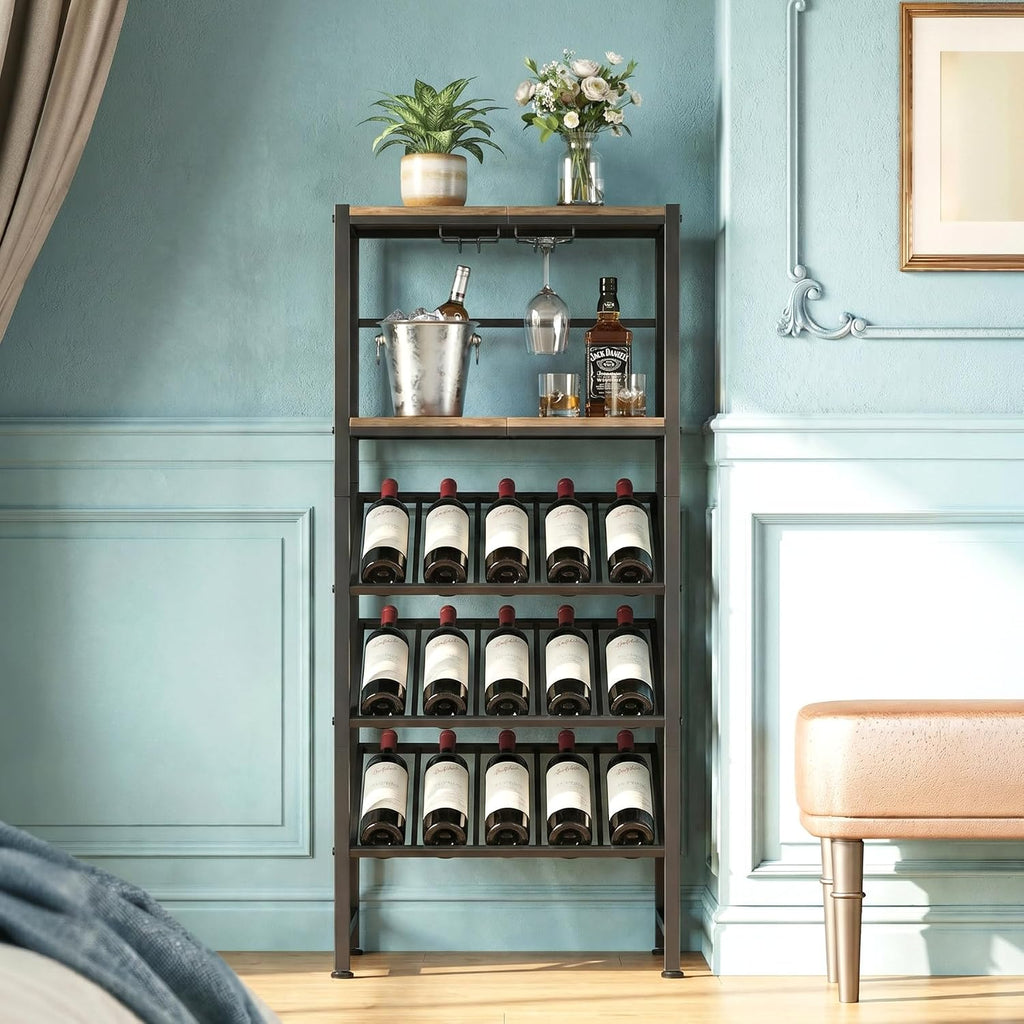 3-Tier Wine Rack Freestanding Floor with Glass & Storage Racks | Space-saving corner wine bar cabinet, sturdy build for kitchen, living room & home bar, stores wine bottles & bar accessories