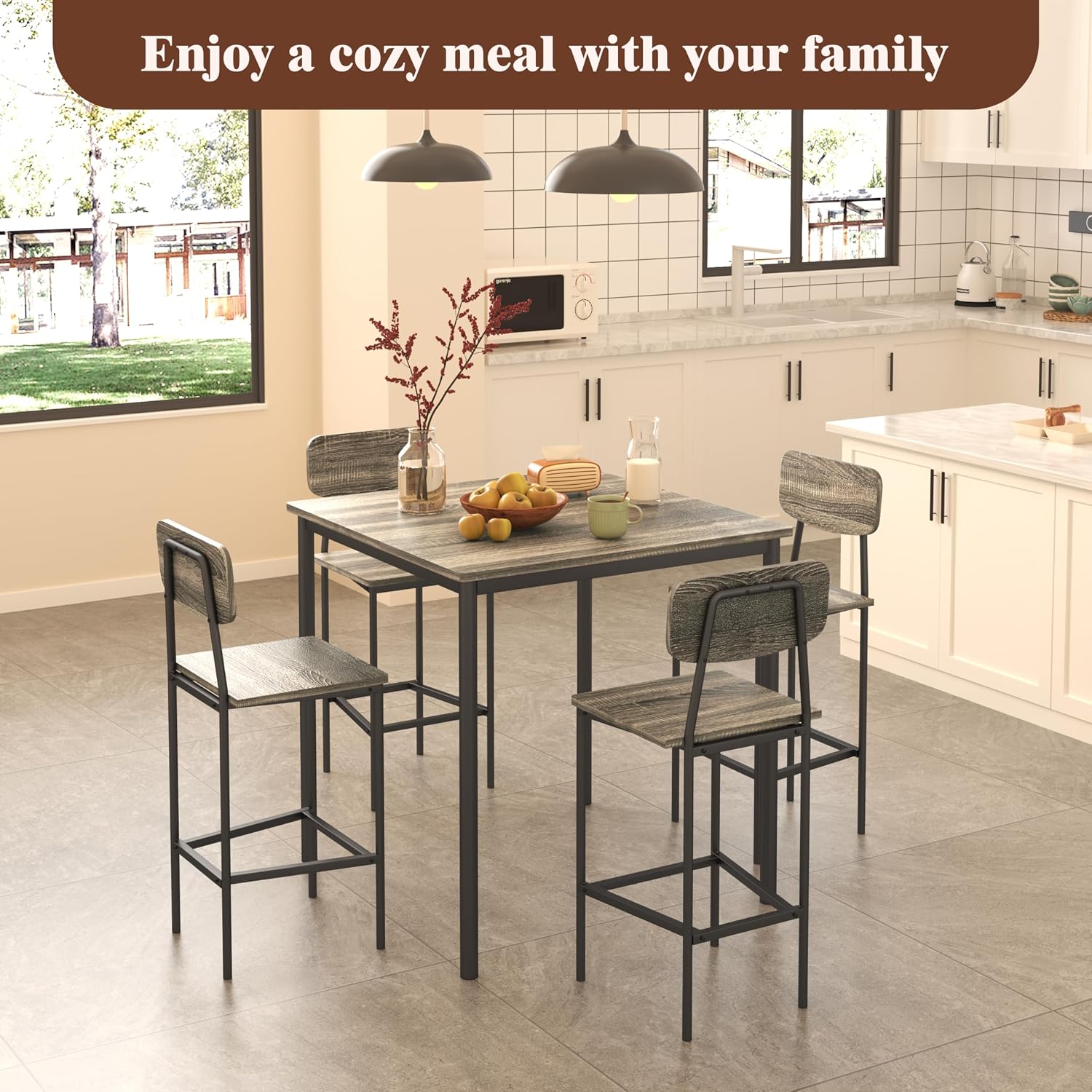 Kitchen Table and Chairs of 4, 5 Piece Dining Table Set | Sturdy Industrial Space Saving Dinette Set for Pub, Family Dinners, Apartment, Gray