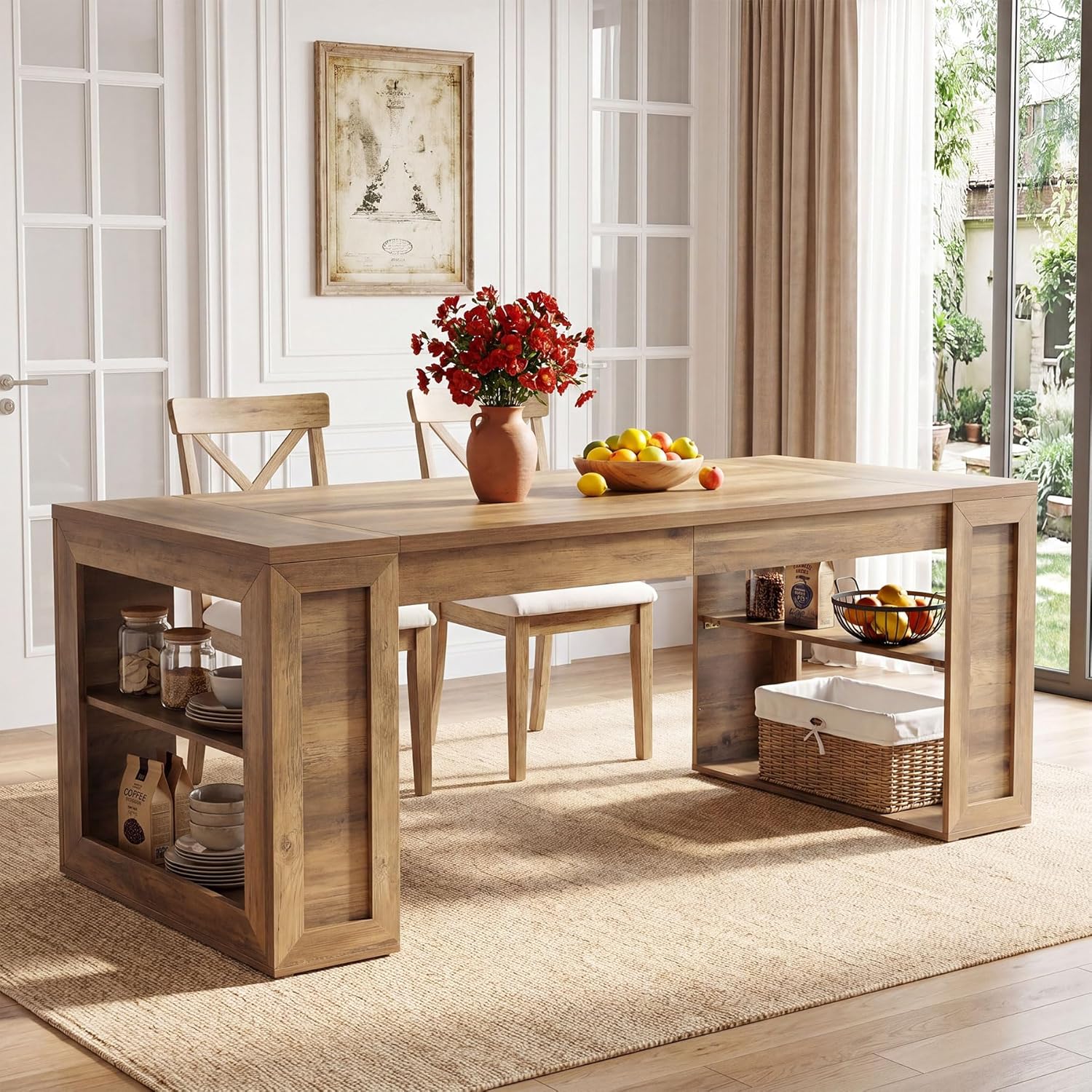 Tribesigns Farmhouse Dining Table with Storage Shelves, 70.8-Inch Large Rectangle Wooden Kitchen Dinner Table for 6 for Kitchen, Dining Room, Living Room