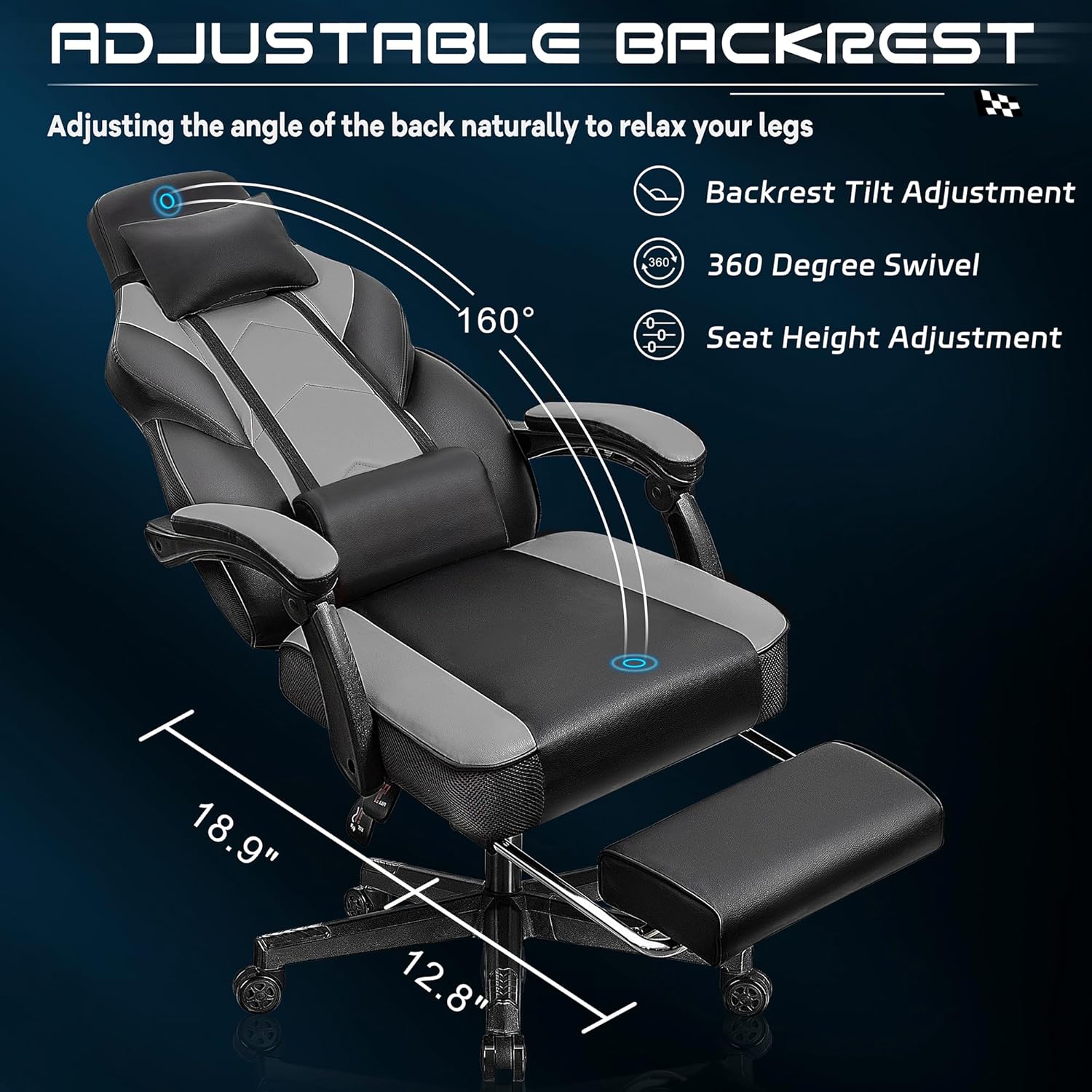 Gaming Chair for Adults, Grey Video Game Chair with Footrest, Big and Tall Gaming Chair Heavy Duty Computer Chair with Massage Lumbar, Ergonomic Adjustable Height and 360° Swivel, PU Leather, Grey