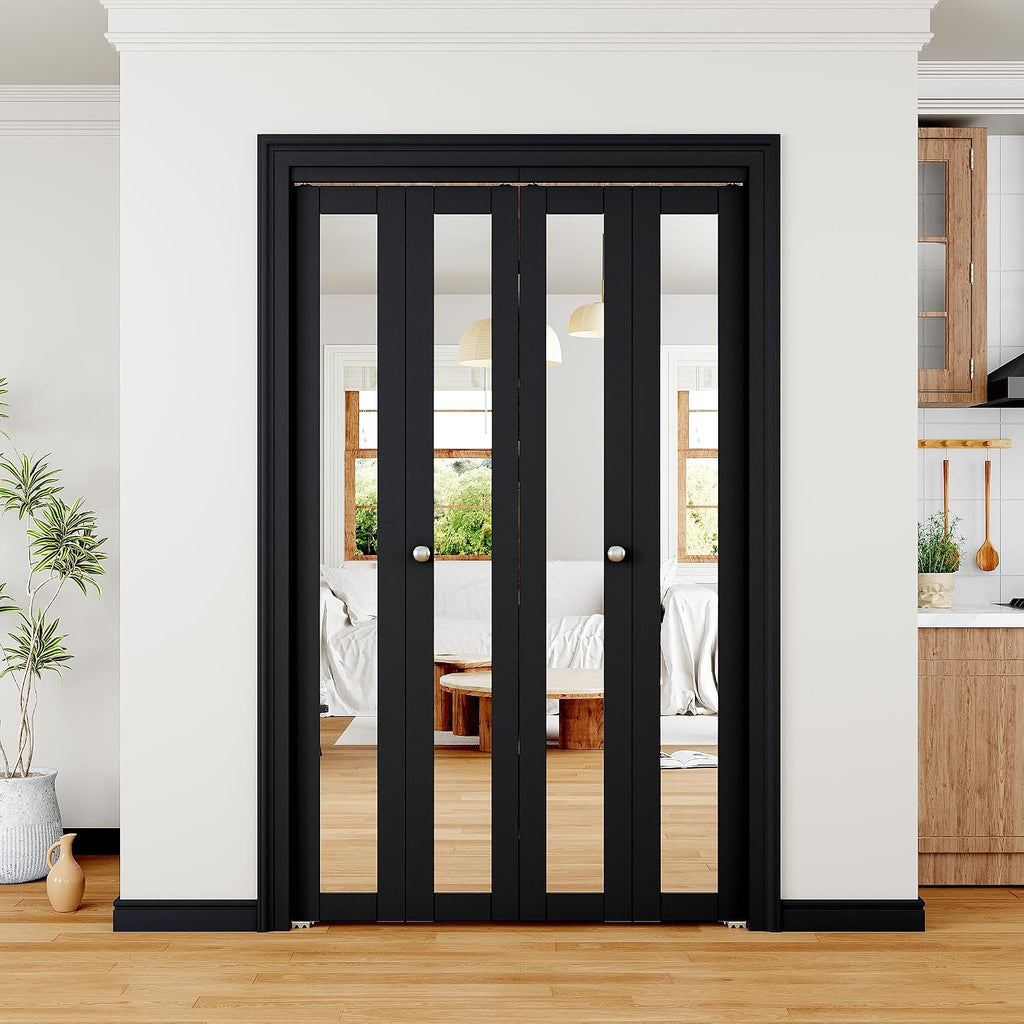 Bifold Doors 48" x 80" Opening, Mirrored Bifold Closet Door with Hardware Kit, Interior Bi Fold Door for Closet/Pantry/Laundry, Folding Barn Doors Panels, Easy to Install, Black