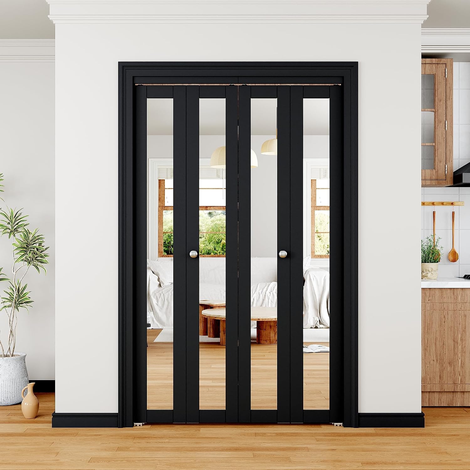 Bifold Doors 48" x 80" Opening, Mirrored Bifold Closet Door with Hardware Kit, Interior Bi Fold Door for Closet/Pantry/Laundry, Folding Barn Doors Panels, Easy to Install, Black