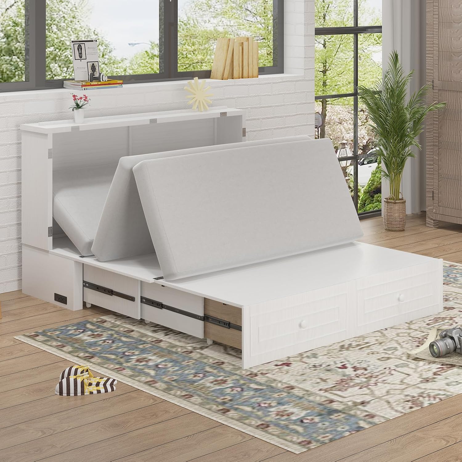 BALUS Queen Murphy Bed with Tri-Fold Memory Foam Mattress, Built-in USB Charging Station, Modern Wall Bed Cabinet with Storage Drawers, Murphy Chest Cube Guest Beds for Living Room Apartment, White