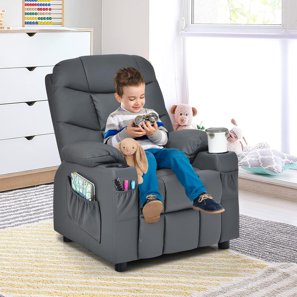 Costzon Kids Recliner Chair with Cup Holder, Adjustable Lounge Chair w/Footrest & Side Pockets for Children Boys Girls Room, Ergonomic Toddler Furniture Sofa, Kids Recliner (Grey)