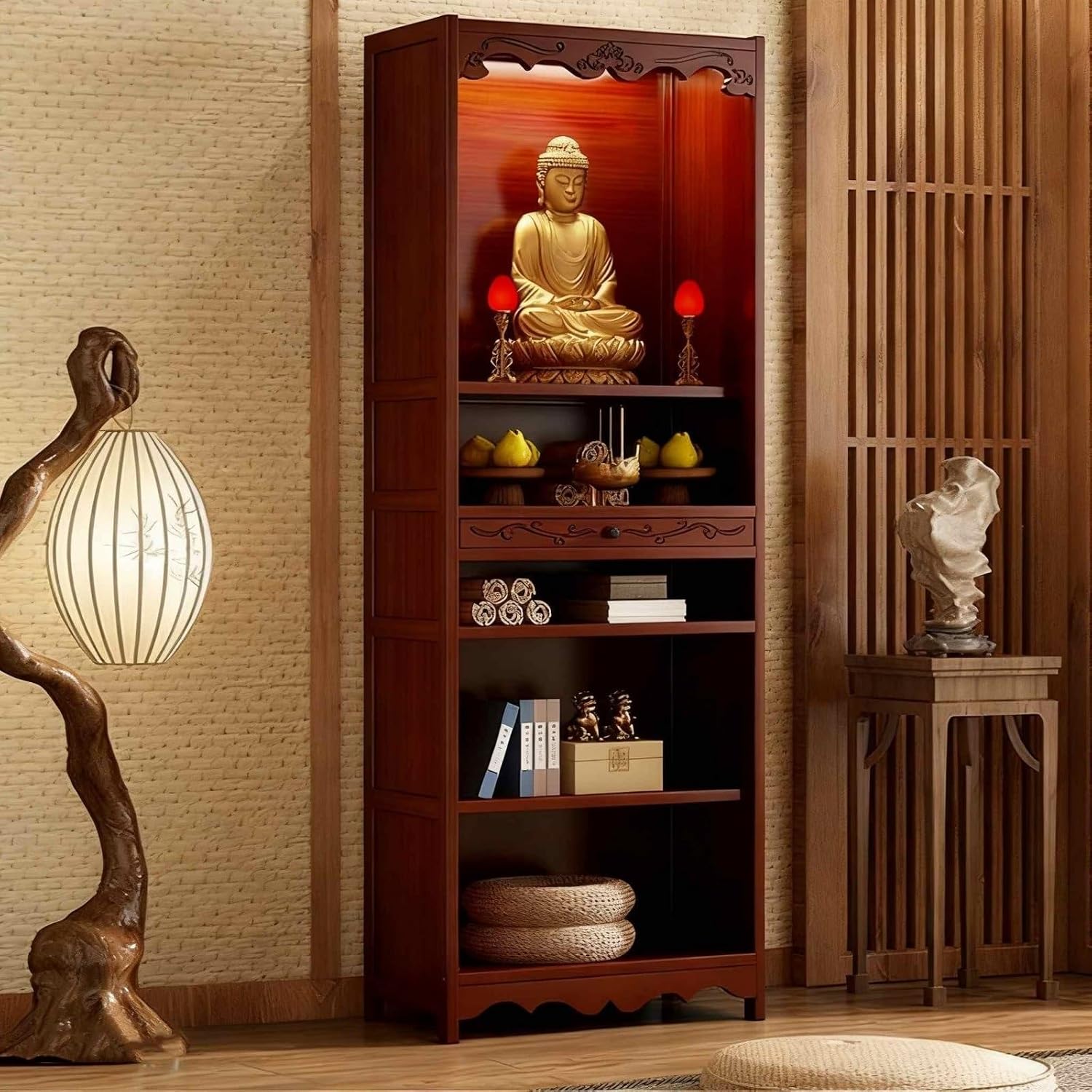 Altar Cabinet, Pooja Cabinet, Thick Bamboo Altar Table, Personal Meditation Temple for Temples and Homes, Meditation Shrine with Drawers & Storage(Style A,53cm/20.8in)