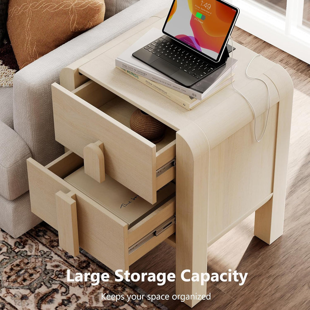 WAMPAT 23.7" Tall Beige Nightstand with Charging Station, Modern Mid Century End Table Wood Bedside Table w/2 Storage Drawers, Side Table Bedside Cabinet for Bedroom,Living Room