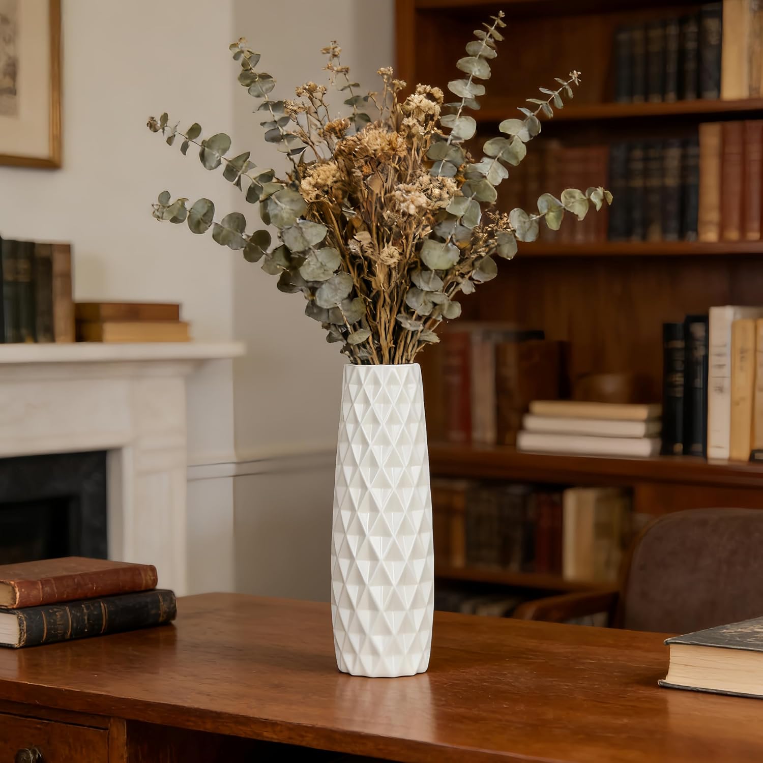 12 Inch White Vase Ceramic Flower Vase, Tall Vases for Pampas Grass, Home Decor, Modern Textured Vases for Living Room Decorations,Table Centerpieces,Shelf,Farmhouse Small Ceramic Vase