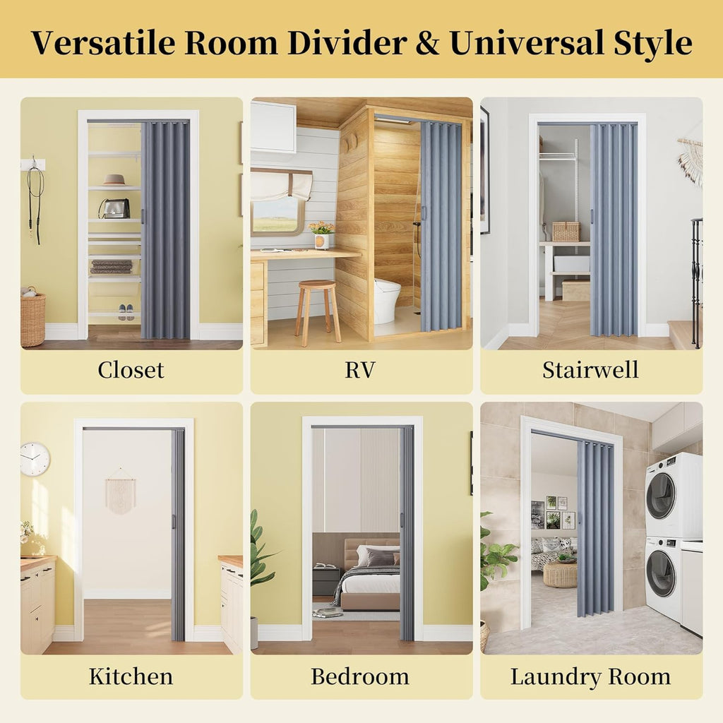 60" x 80" PVC Accordion Door Interior, Suitable for Opening Width 49"-60", Trimmable Height & Width, Room Dividers for Pantry Laundry Closet RV, Strong Magnet Folding Doors, Easy to Install, Grey