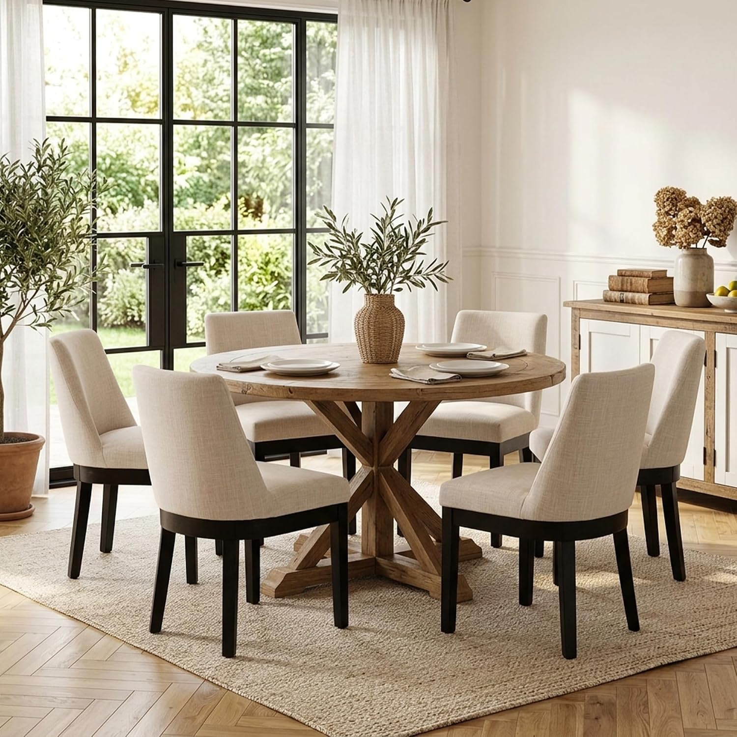 HNY Modern Dining Chairs Set of 4 with Comfortable Back Support, Farmhouse Soft Linen Upholstered Dining Room Chairs with Black Solid Wood Legs, Armless Kitchen Side Chairs for Living Room, Beige